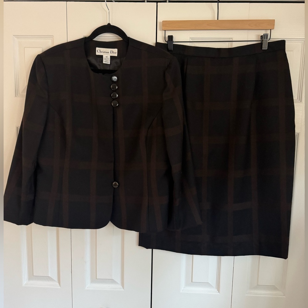 Vintage Christian Dior Black Brown Wool Plaid Skirt Suit Set Size 16